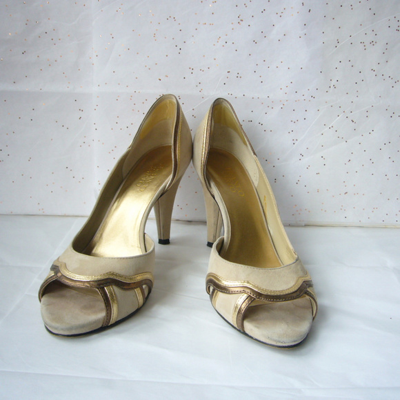 Franco Sarto Beige Gold d'Orsay Peep Toe Pump Great Gatsby Deco  8 Event Party - Picture 7 of 8